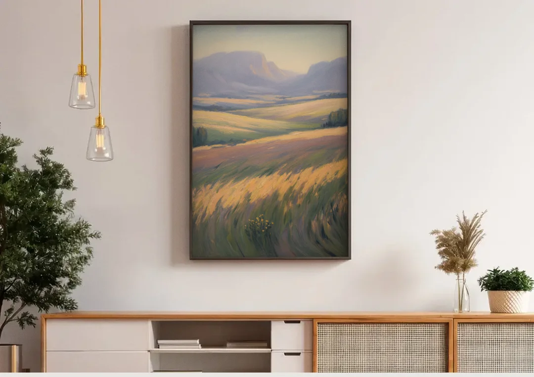 Tablelands Vista canvas wall art above a wooden sideboard under pendant lights