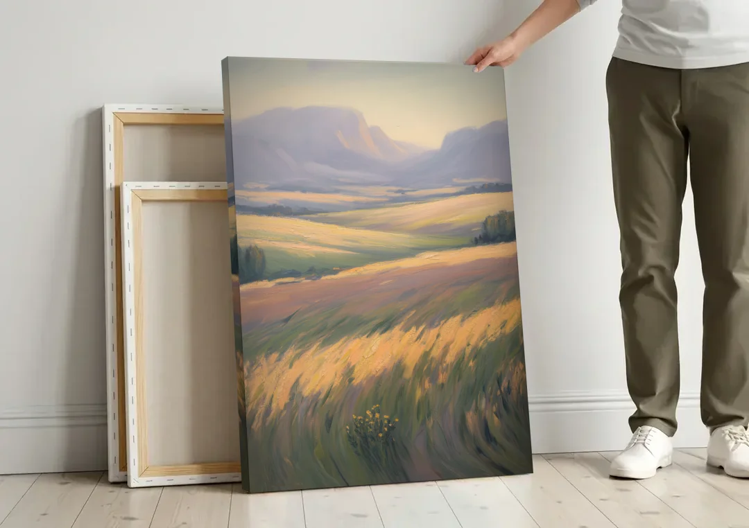 Tablelands Vista canvas wall art leaning against a wall next to blank canvases