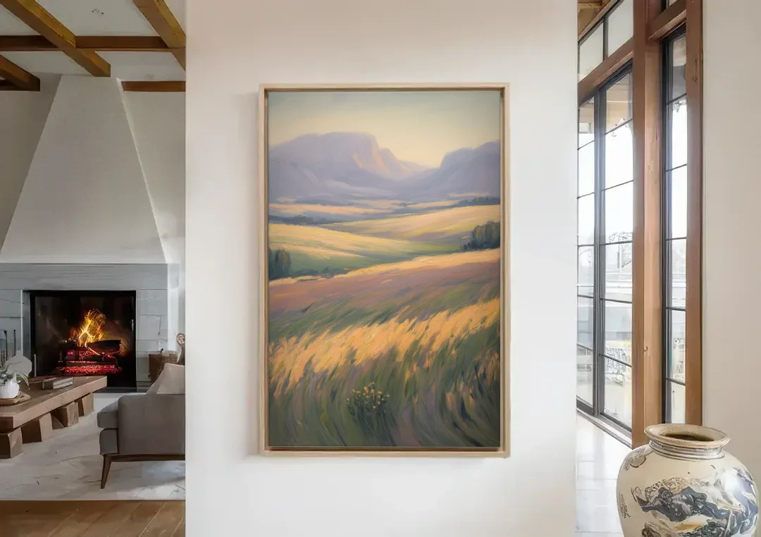Tablelands Vista canvas wall art in a living room with a fireplace