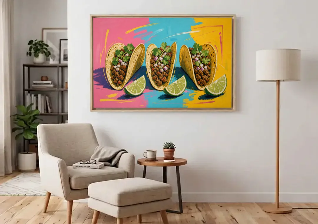 Taco Art Trio with Lime Wedges canvas wall art above an armchair in a bright living room
