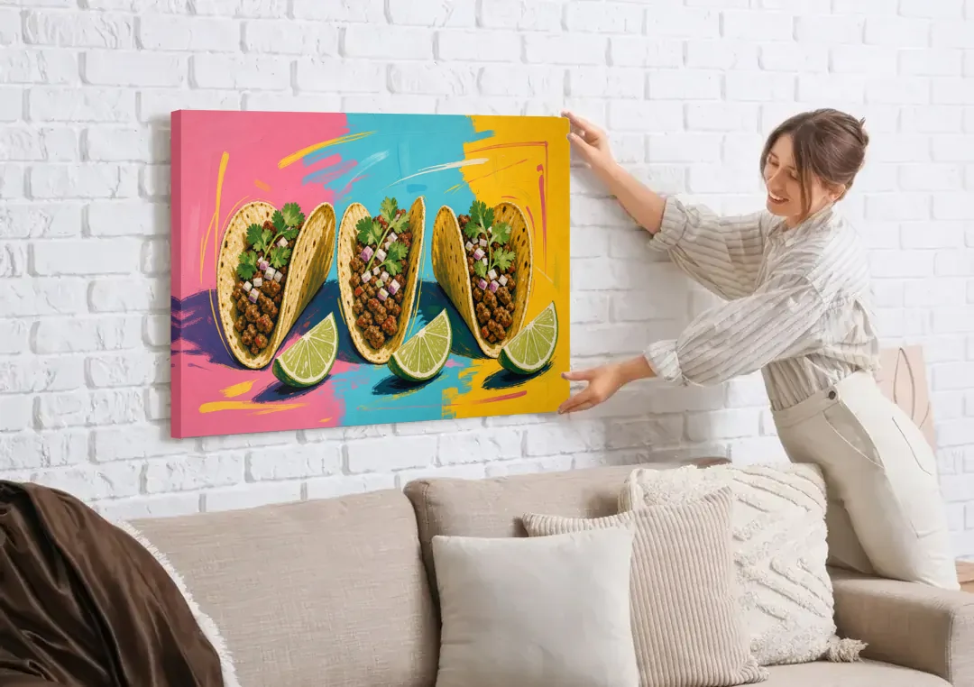 Taco Art Trio with Lime Wedges canvas wall art being hung on a white brick wall above a sofa