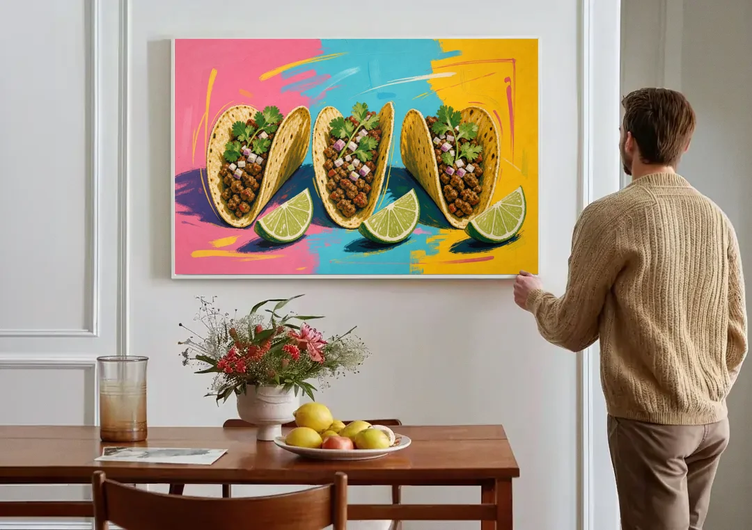 Taco Art Trio with Lime Wedges canvas wall art above a dining table