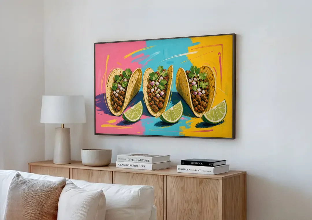 Taco Art Trio with Lime Wedges canvas wall art above a wooden sideboard next to a sofa
