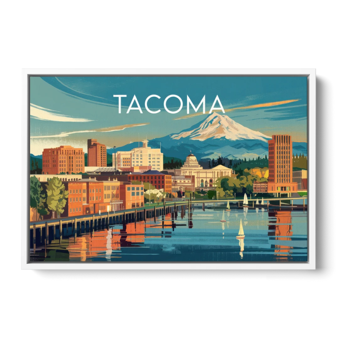 Tacoma Downtown Charm - White Framed Canvas Wall Art - Front