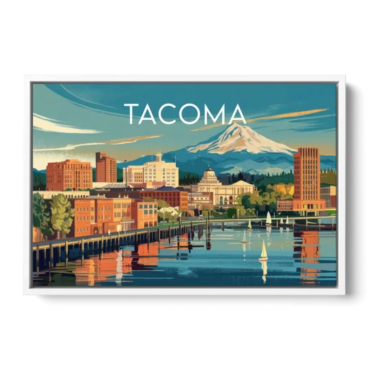 Tacoma Downtown Charm - White Framed Canvas Wall Art - Front