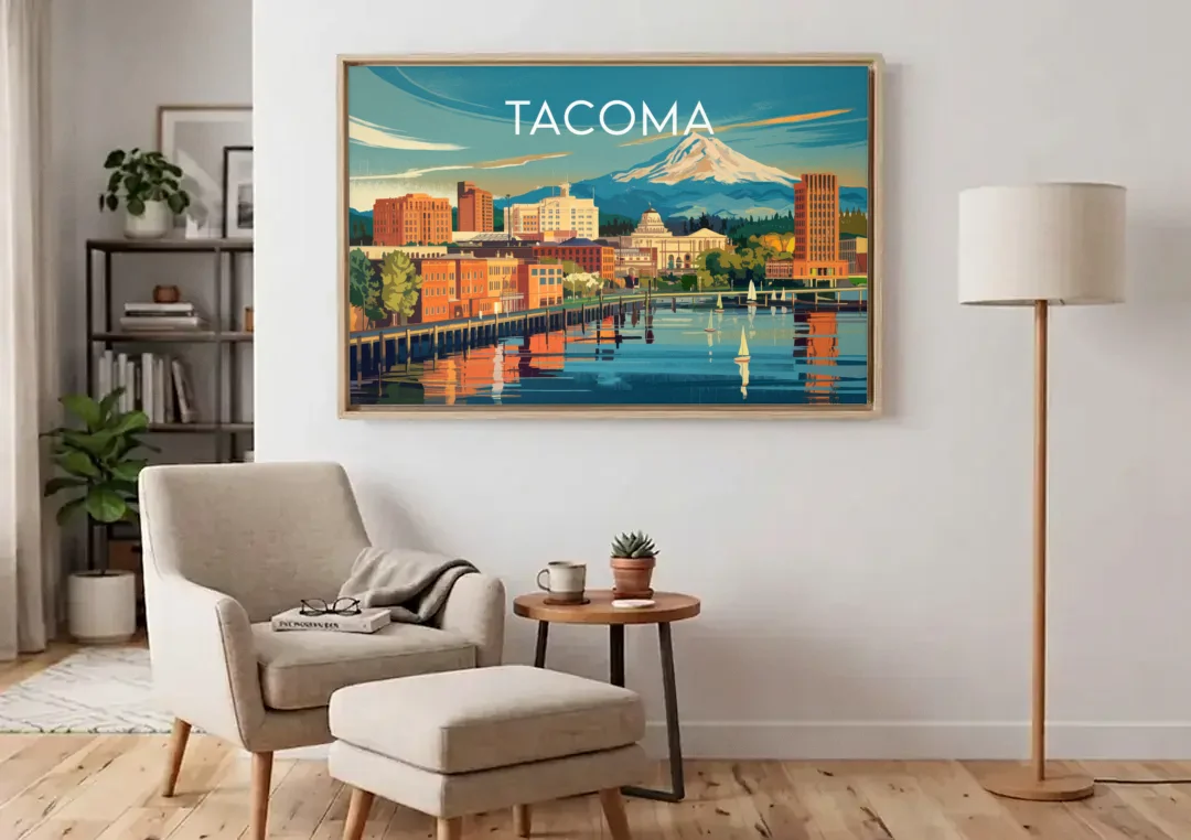 Tacoma Downtown Charm canvas wall art above an armchair in a bright living room