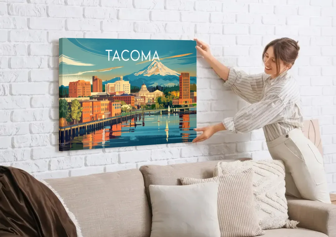Tacoma Downtown Charm canvas wall art being hung on a white brick wall above a sofa