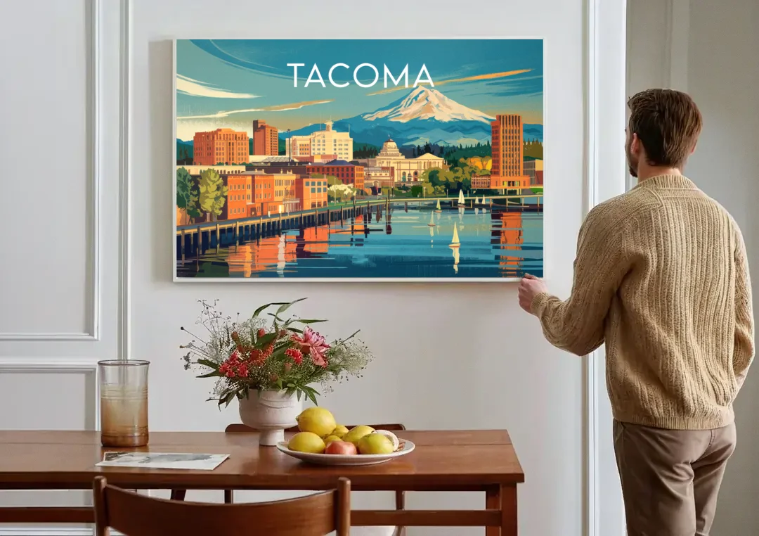 Tacoma Downtown Charm canvas wall art above a dining table