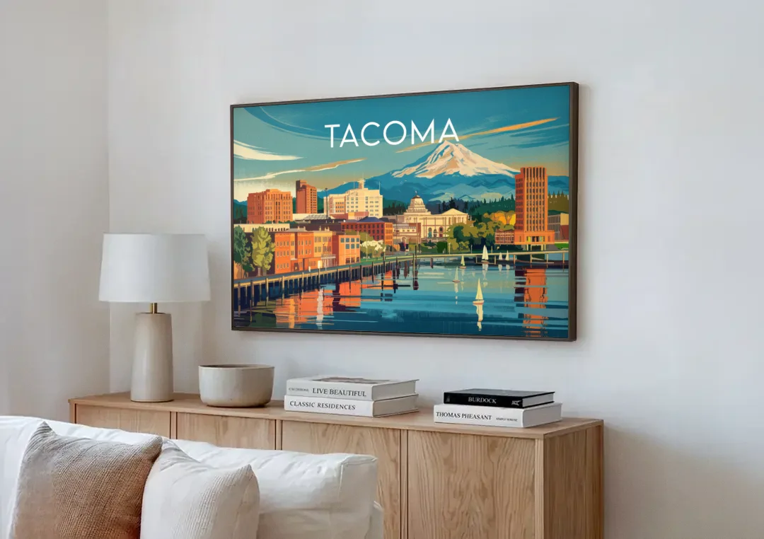 Tacoma Downtown Charm canvas wall art above a wooden sideboard next to a sofa