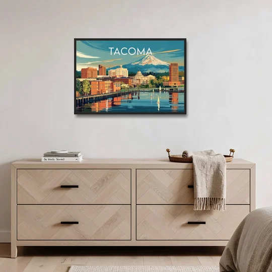 Tacoma Downtown Charm - Black Framed Canvas Wall Art - Coffee Table - 36x24