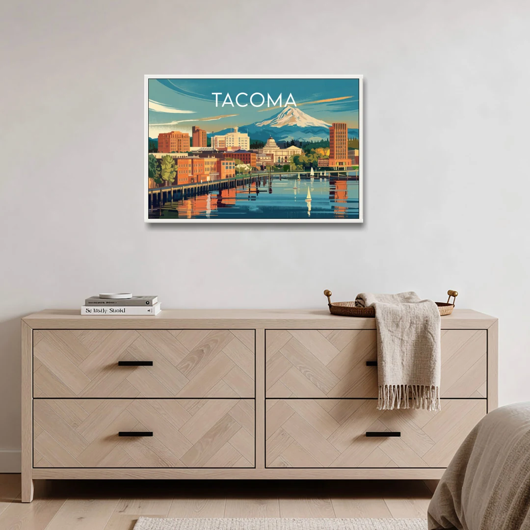 Tacoma Downtown Charm - White Framed Canvas Wall Art - Coffee Table - 36x24