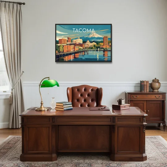 Tacoma Downtown Charm - Black Framed Canvas Wall Art - Office - 36x24