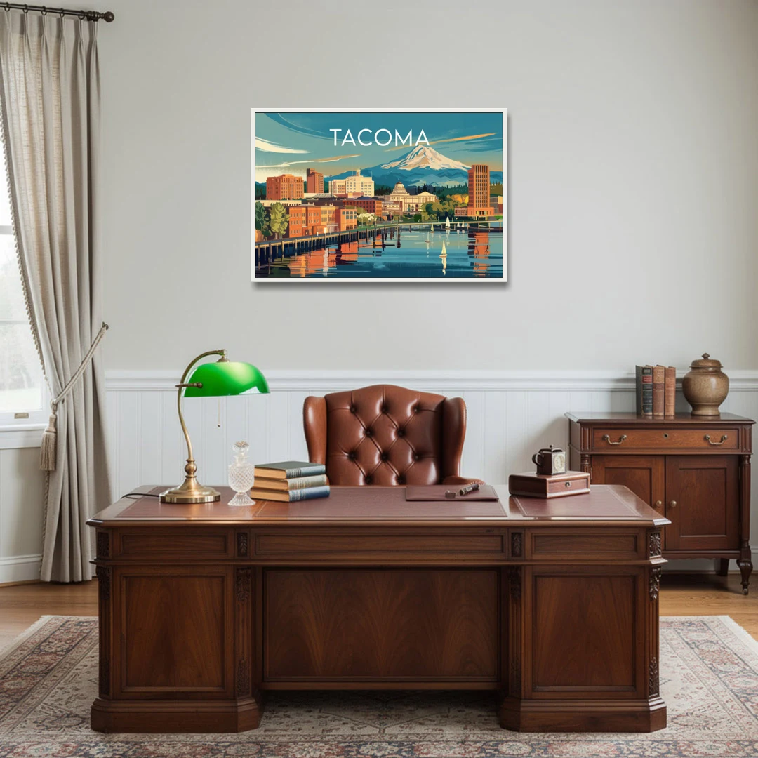 Tacoma Downtown Charm - White Framed Canvas Wall Art - Office - 36x24