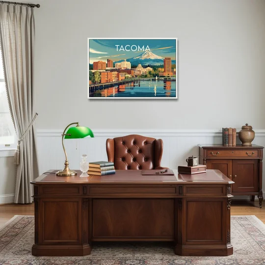 Tacoma Downtown Charm - White Framed Canvas Wall Art - Office - 36x24
