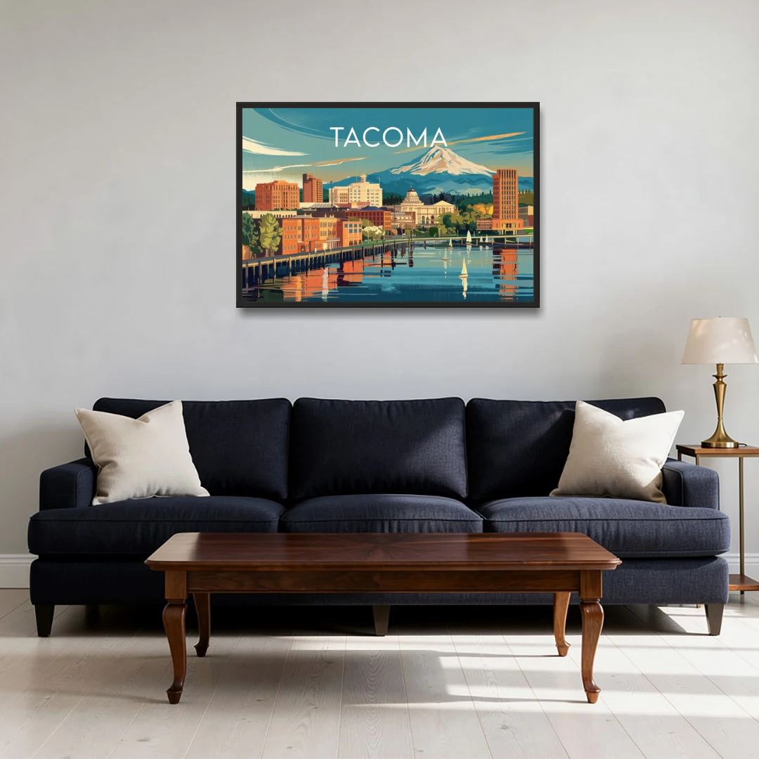 Tacoma Downtown Charm - Black Framed Canvas Wall Art - Sofa - 36x24