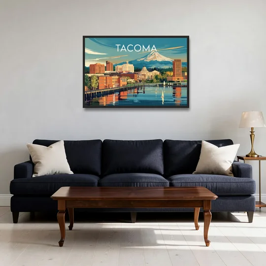 Tacoma Downtown Charm - Black Framed Canvas Wall Art - Sofa - 36x24