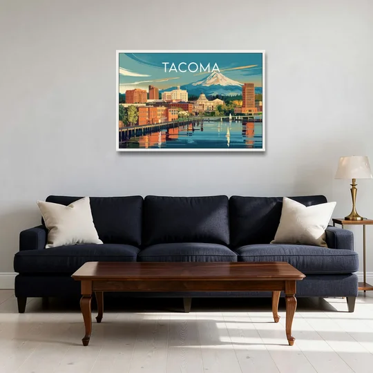 Tacoma Downtown Charm - White Framed Canvas Wall Art - Sofa - 36x24