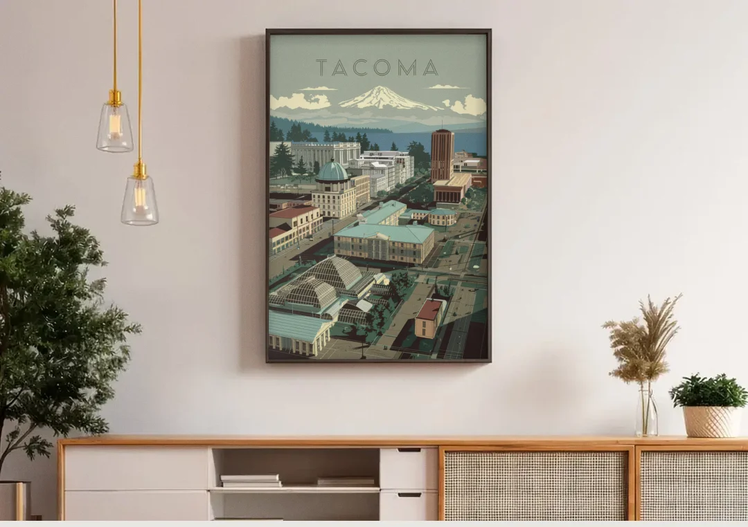 Tacoma Historic Landmarks canvas wall art above a wooden sideboard under pendant lights