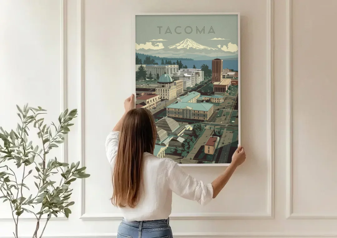 Tacoma Historic Landmarks canvas wall art being hung on a paneled wall