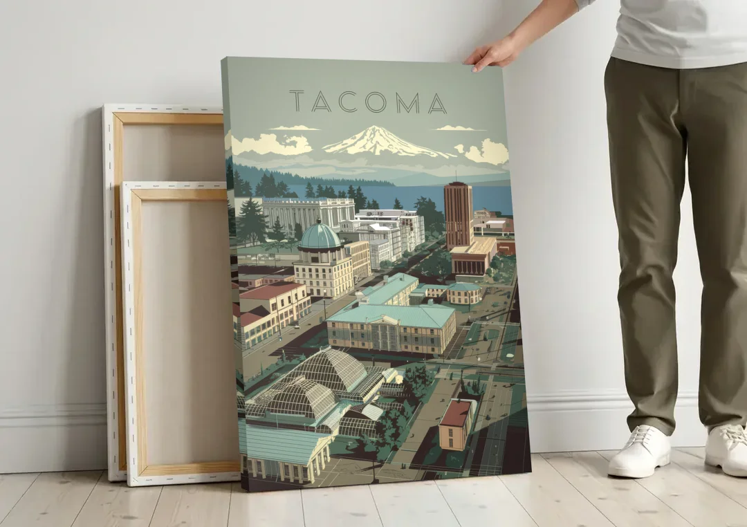 Tacoma Historic Landmarks canvas wall art leaning against a wall next to blank canvases