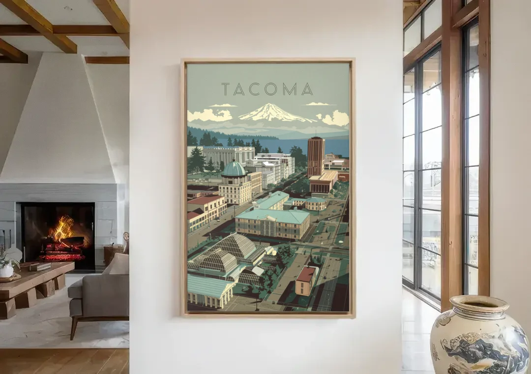 Tacoma Historic Landmarks canvas wall art in a living room with a fireplace