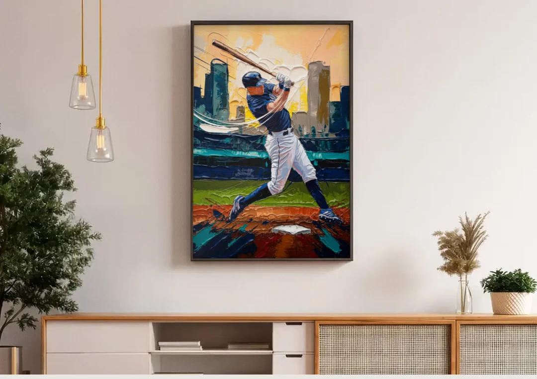 Tacoma Mariners Fan Tribute canvas wall art above a wooden sideboard under pendant lights