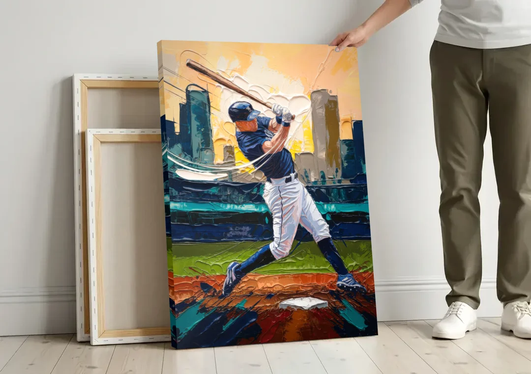 Tacoma Mariners Fan Tribute canvas wall art leaning against a wall next to blank canvases