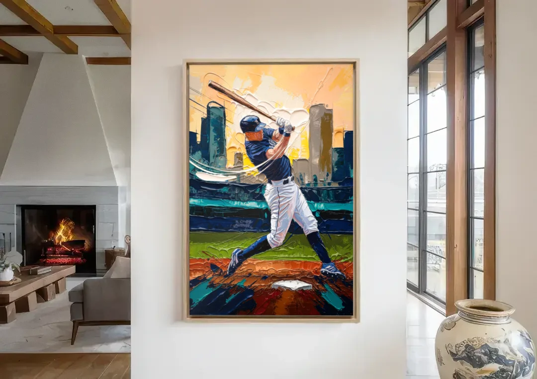 Tacoma Mariners Fan Tribute canvas wall art in a living room with a fireplace