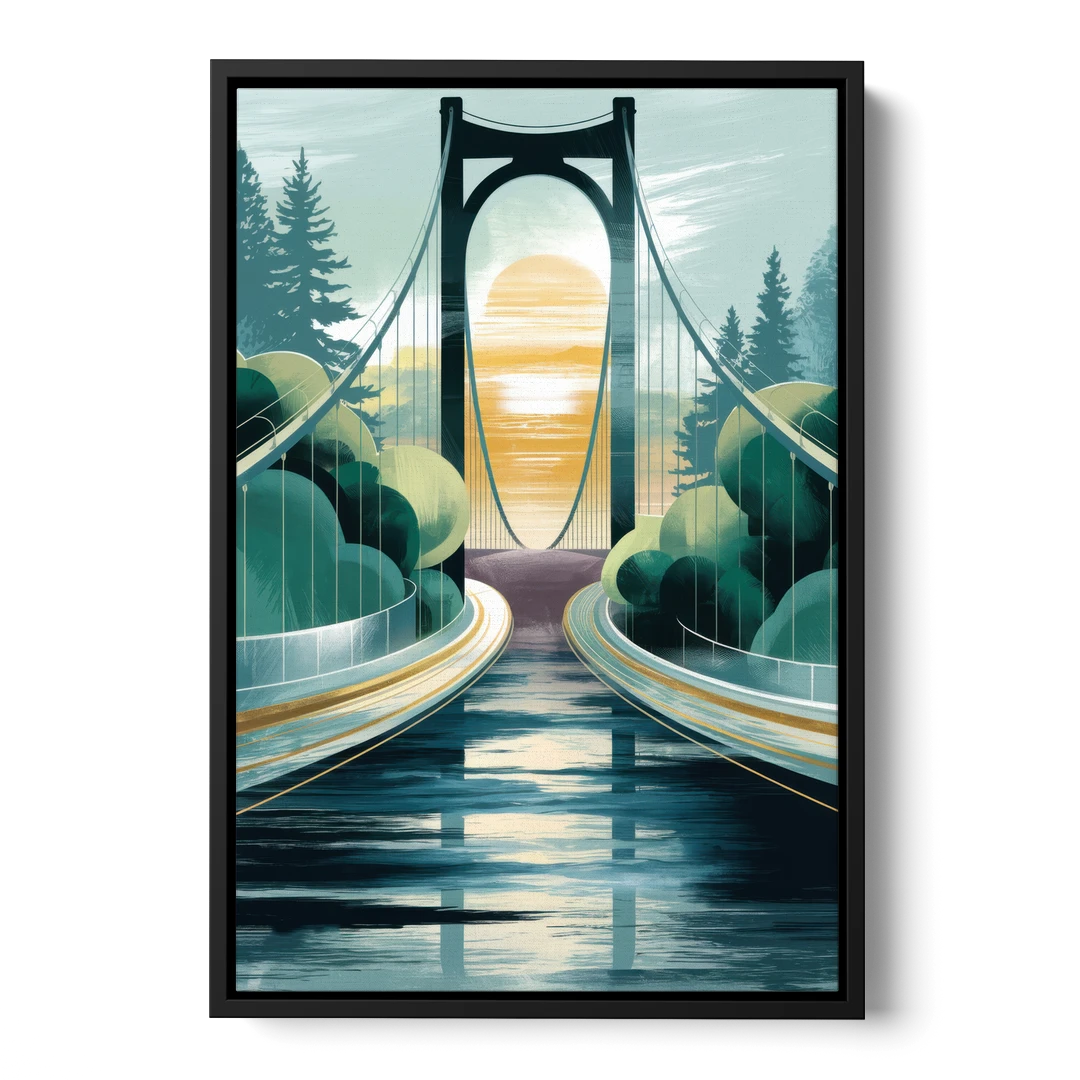 Tacoma Narrows Bridge Scene - Black Framed Canvas Wall Art - Front
