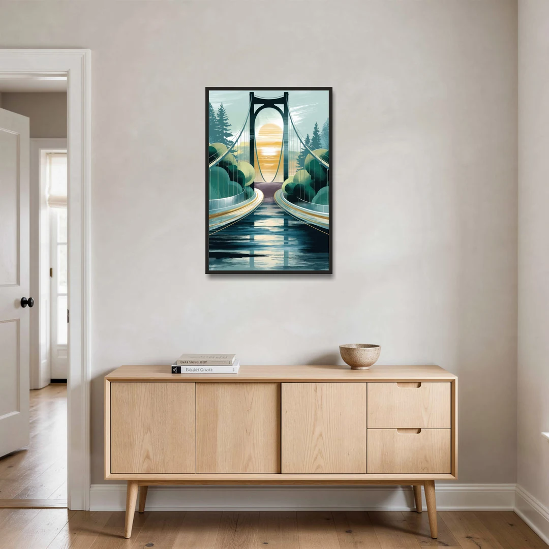 Tacoma Narrows Bridge Scene - Black Framed Canvas Wall Art - Coffee Table - 24x36