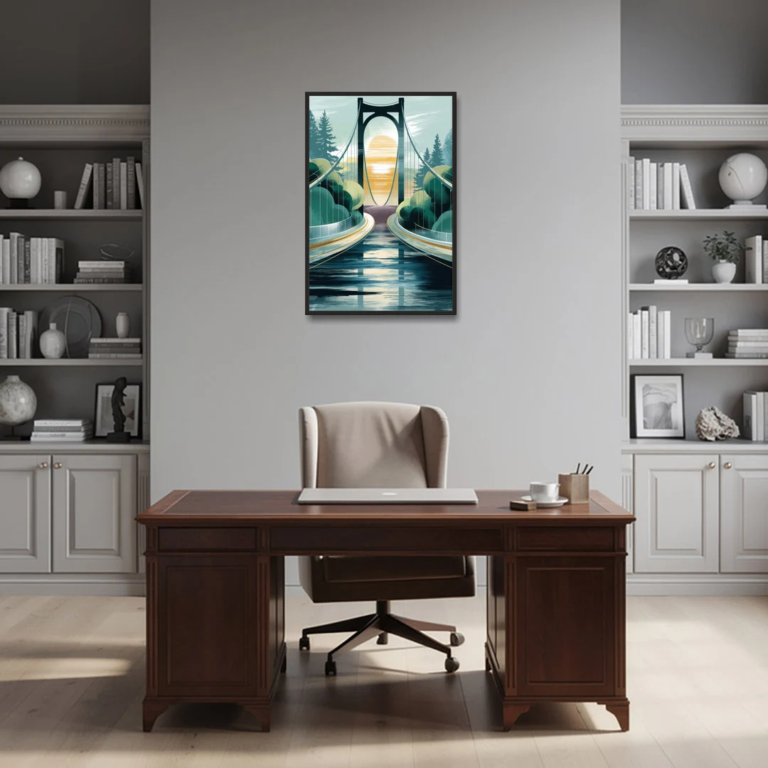 Tacoma Narrows Bridge Scene - Black Framed Canvas Wall Art - Office - 24x36