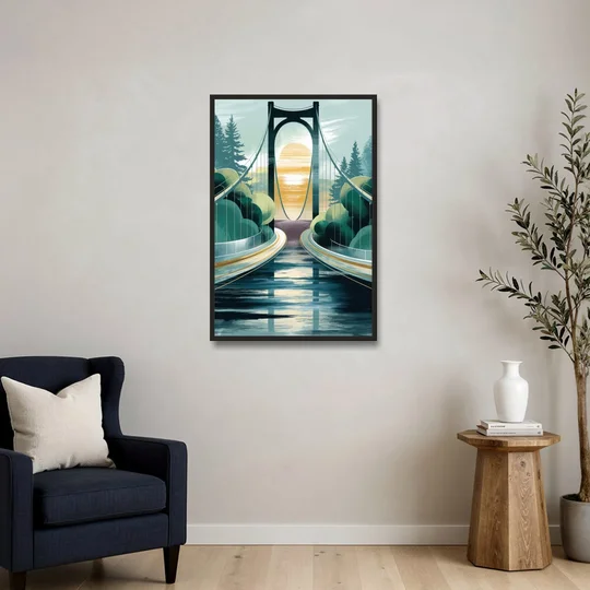 Tacoma Narrows Bridge Scene - Black Framed Canvas Wall Art - Sofa - 24x36