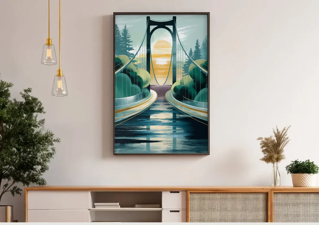Tacoma Narrows Bridge Scene canvas wall art above a wooden sideboard under pendant lights
