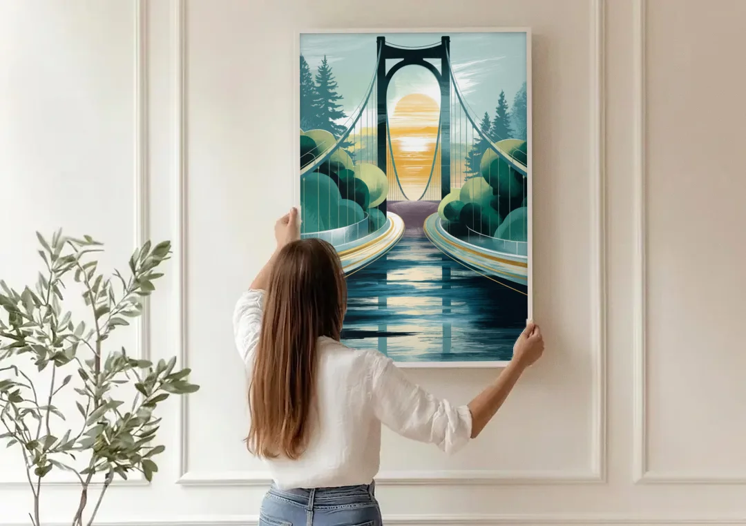 Tacoma Narrows Bridge Scene canvas wall art being hung on a paneled wall