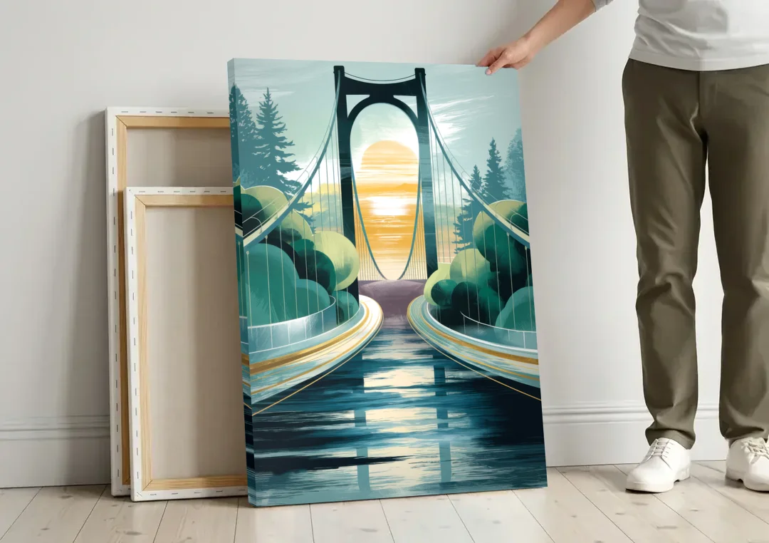 Tacoma Narrows Bridge Scene canvas wall art leaning against a wall next to blank canvases