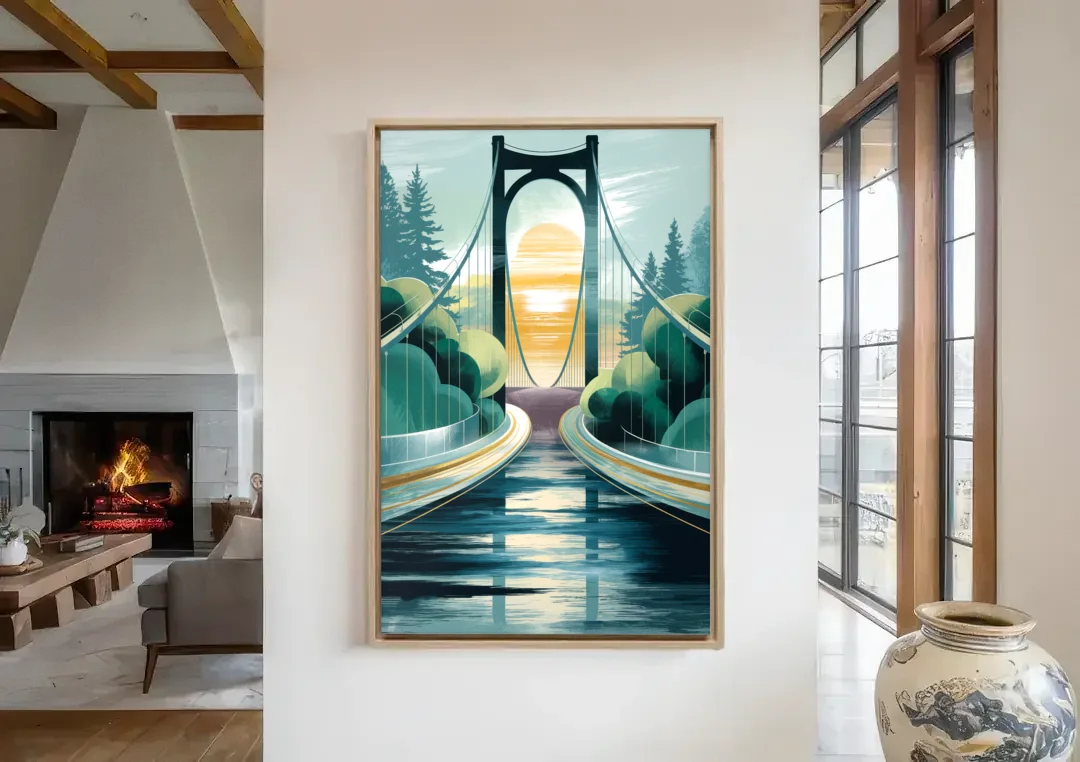 Tacoma Narrows Bridge Scene canvas wall art in a living room with a fireplace
