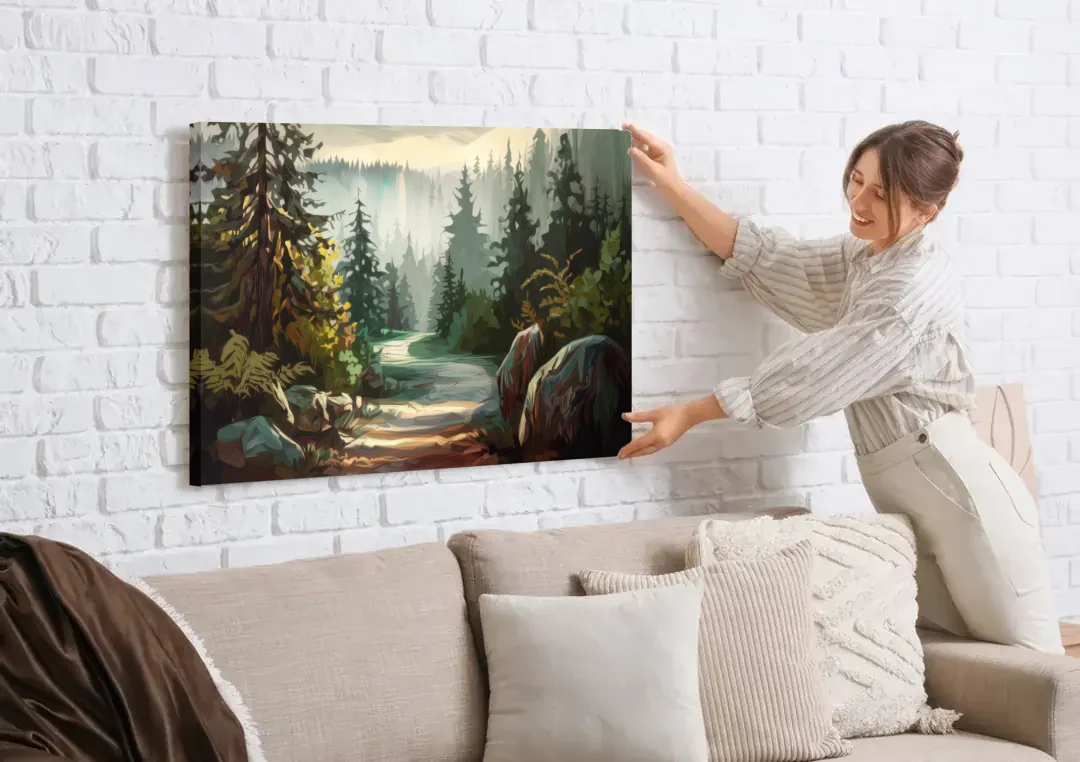Tacoma Pacific Northwest Beauty canvas wall art being hung on a white brick wall above a sofa