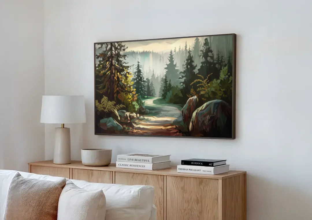 Tacoma Pacific Northwest Beauty canvas wall art above a wooden sideboard next to a sofa