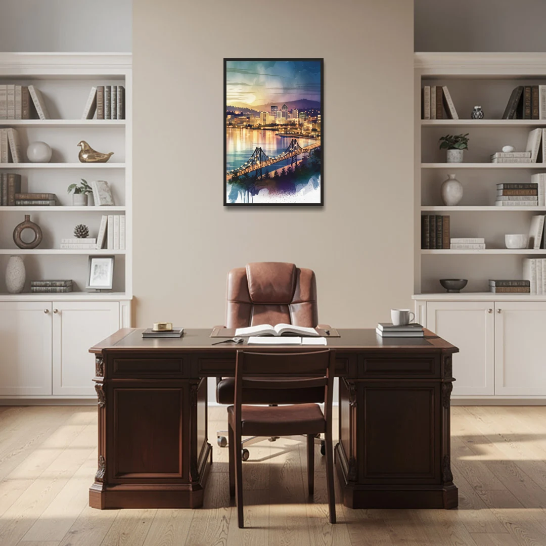 Tacoma Skyline View - Black Framed Canvas Wall Art - Office - 24x36