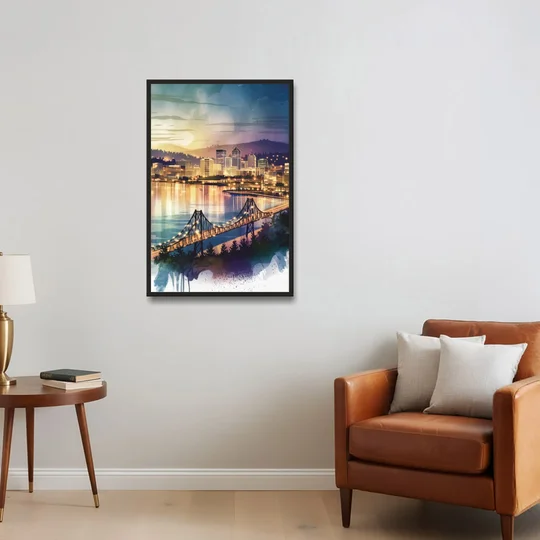 Tacoma Skyline View - Black Framed Canvas Wall Art - Sofa - 24x36