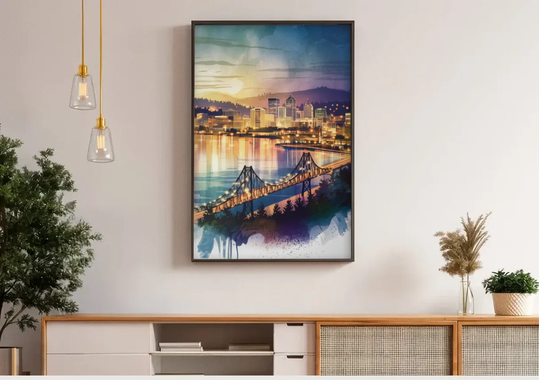 Tacoma Skyline View canvas wall art above a wooden sideboard under pendant lights