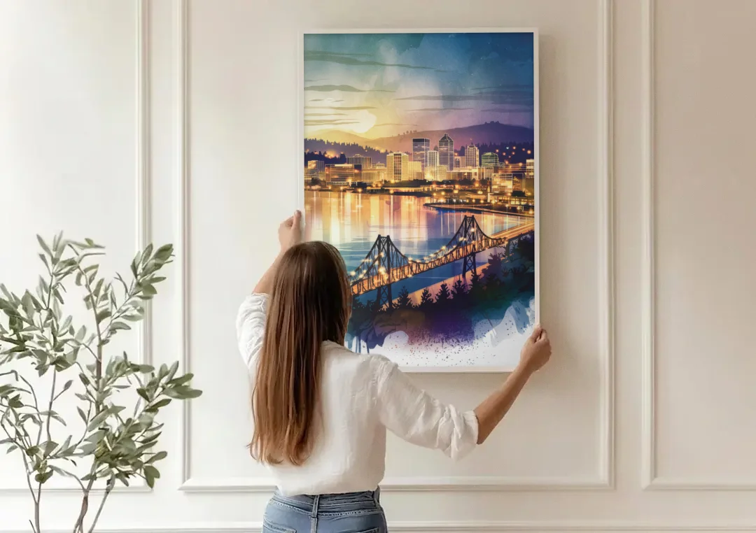Tacoma Skyline View canvas wall art being hung on a paneled wall