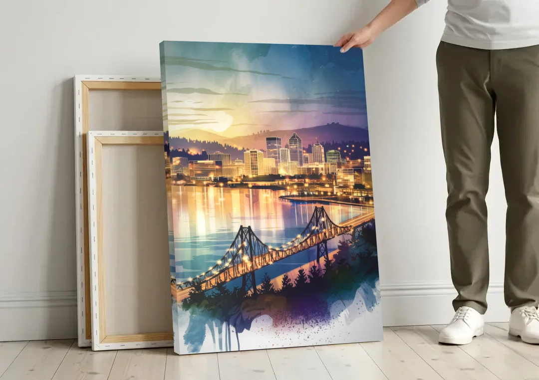 Tacoma Skyline View canvas wall art leaning against a wall next to blank canvases