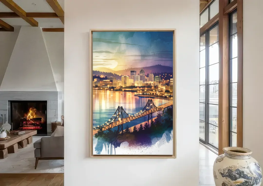 Tacoma Skyline View canvas wall art in a living room with a fireplace