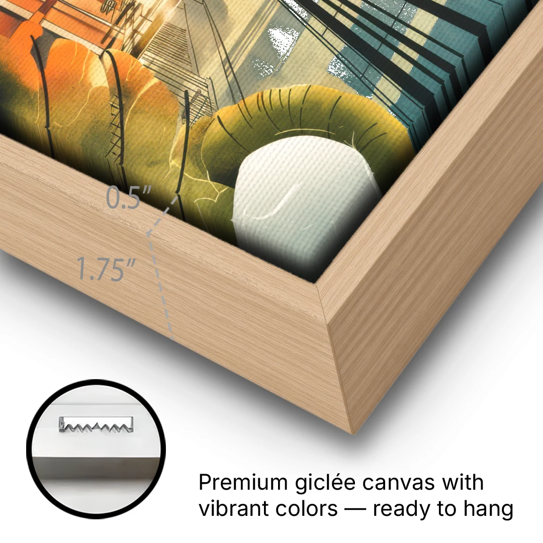 Tacoma Urban Streetscape - Oak Framed Canvas Wall Art - Gallery Wrap Corner