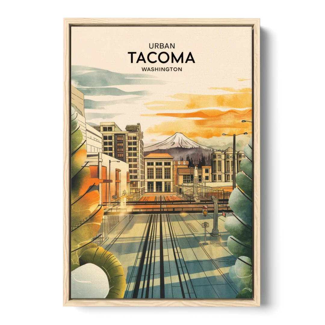 Tacoma Urban Streetscape - Oak Framed Canvas Wall Art - Front