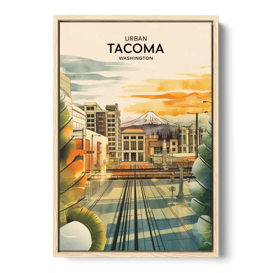 Tacoma Urban Streetscape - Oak Framed Canvas Wall Art - Front