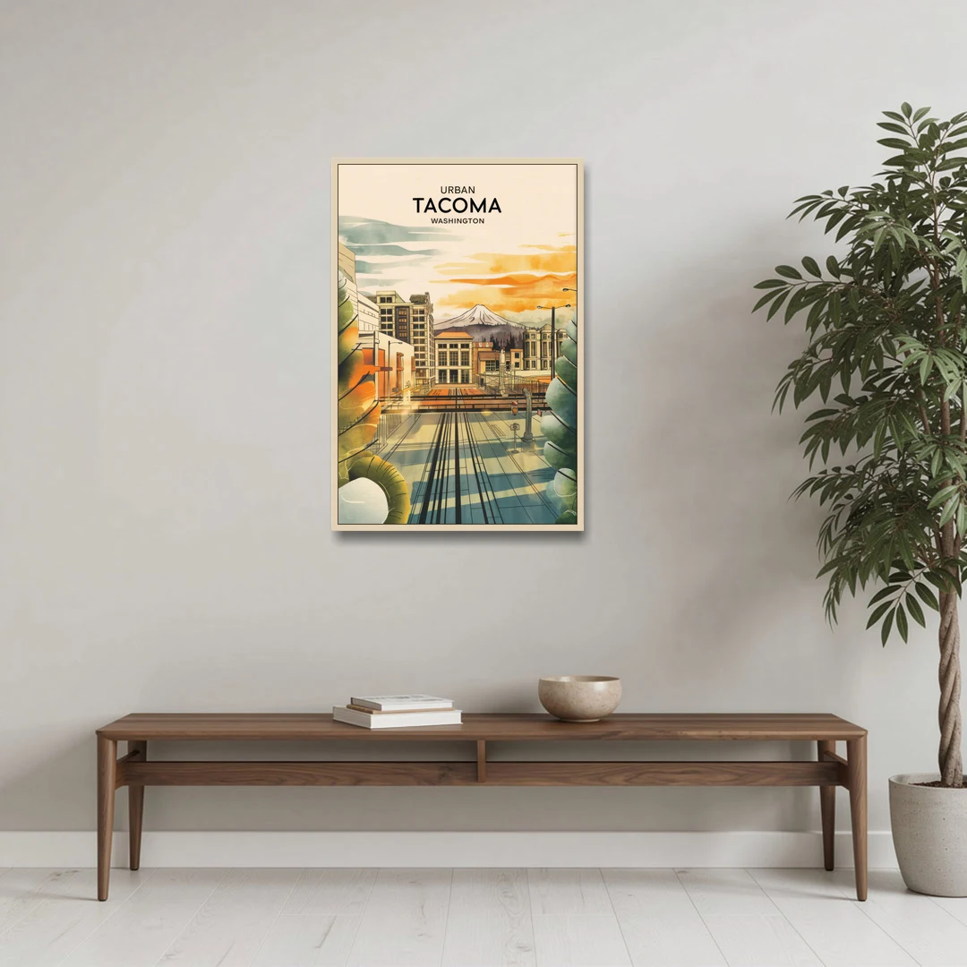 Tacoma Urban Streetscape - Oak Framed Canvas Wall Art - Coffee Table - 24x36
