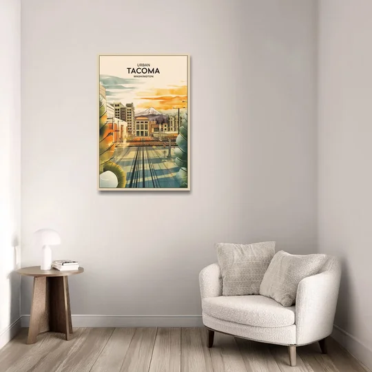 Tacoma Urban Streetscape - Oak Framed Canvas Wall Art - Sofa - 24x36