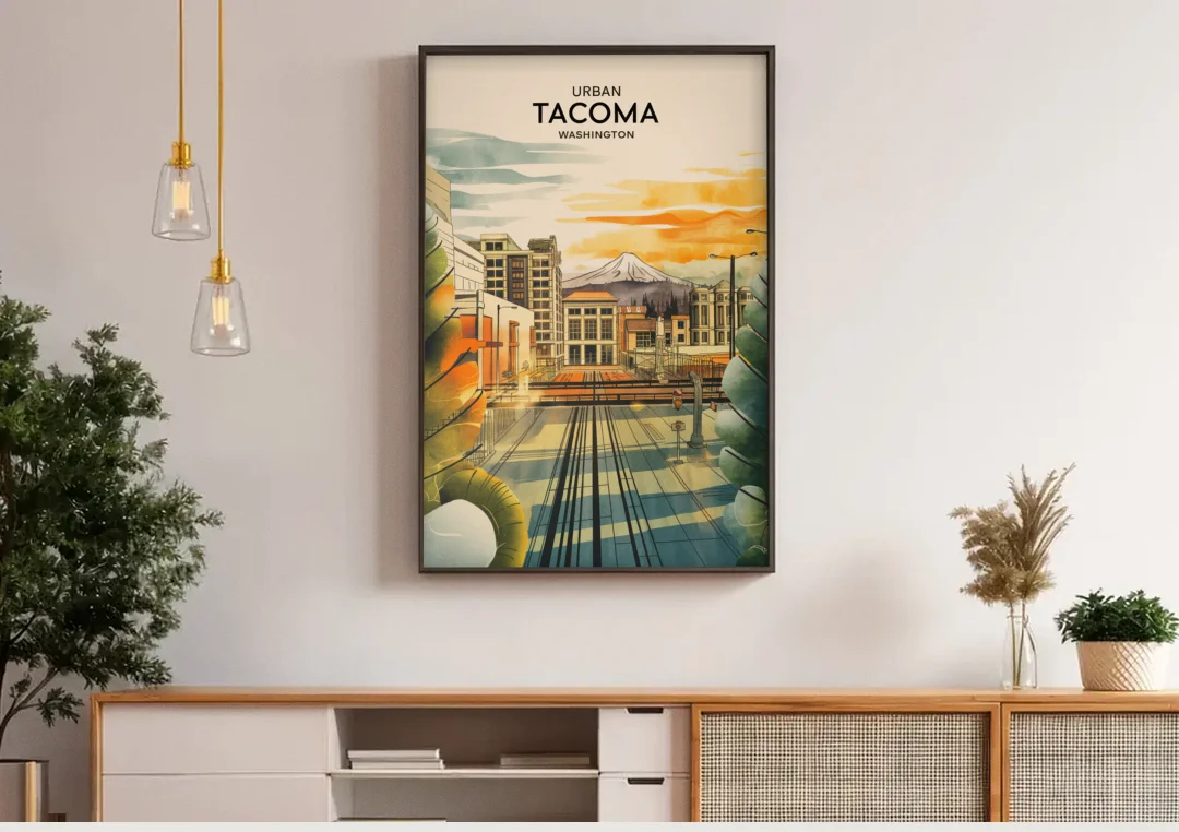 Tacoma Urban Streetscape canvas wall art above a wooden sideboard under pendant lights